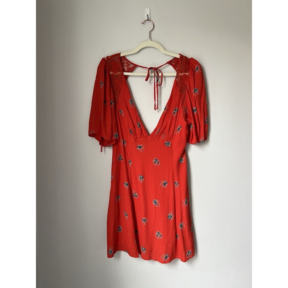 Free People Mockingbird Dress 6 Backless Mini Orange Red Lace Flirty Floral Boho - Picture 3 of 16